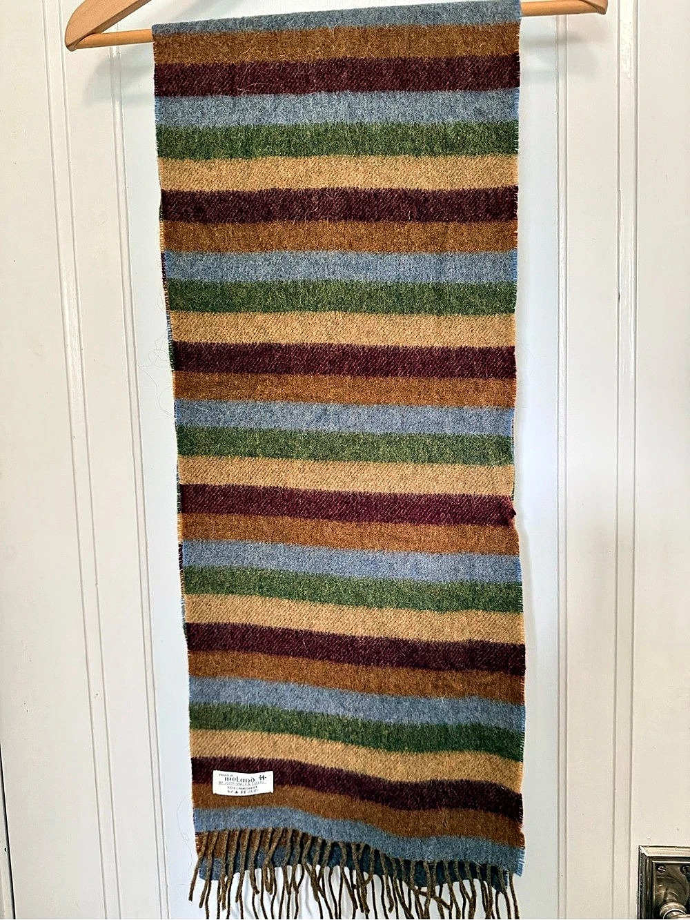 Ireland Striped Wool Scarf in Brown & Blue Like New
